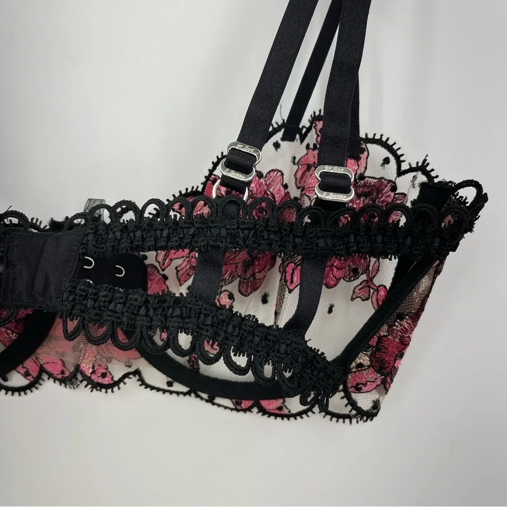 For Love And Lemons S Juliet Black Pink Floral Lace Bra small unlined